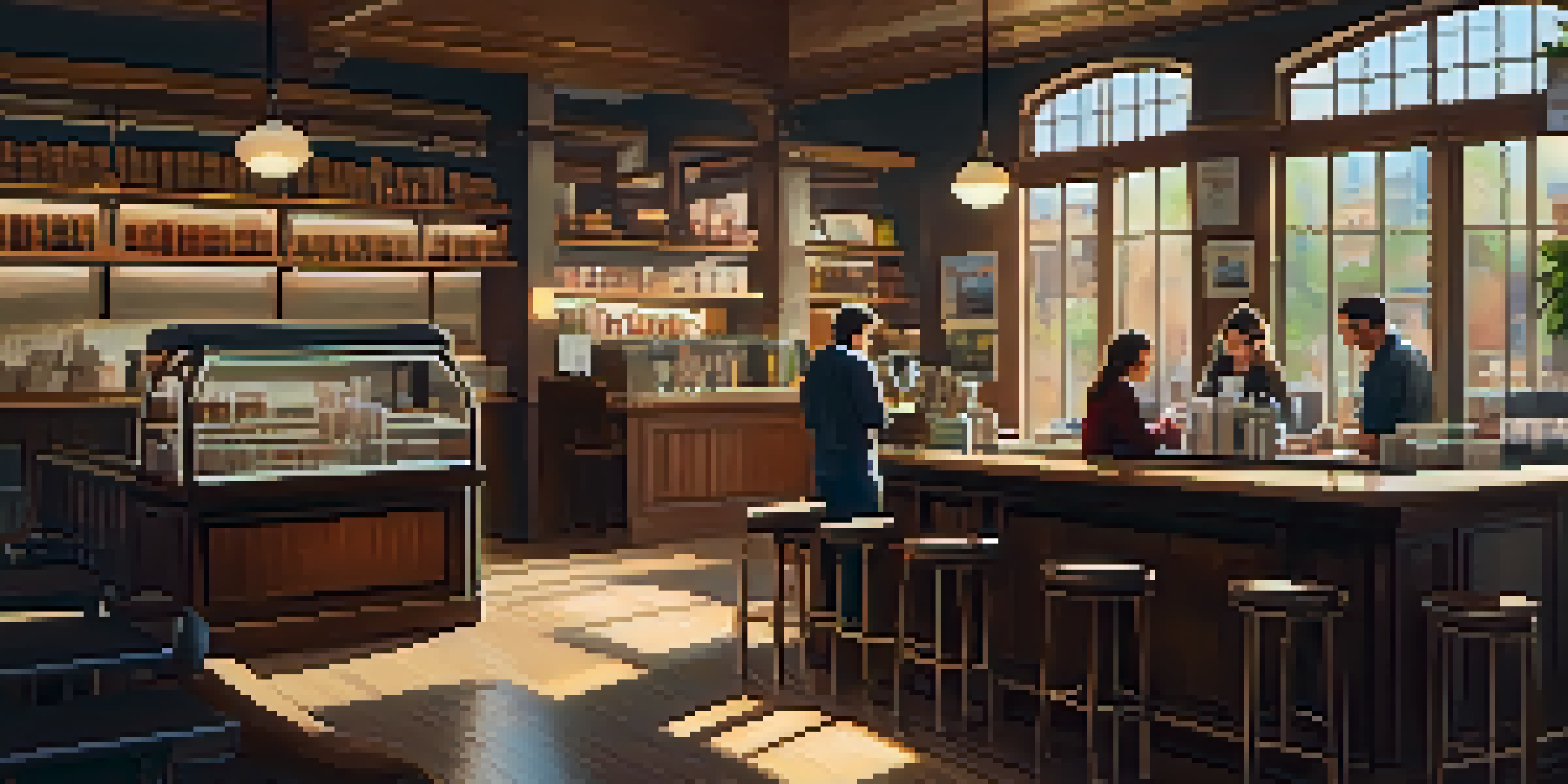 A warm and inviting coffee shop interior with wooden furniture and soft lighting, featuring shelves of books and a barista making coffee.