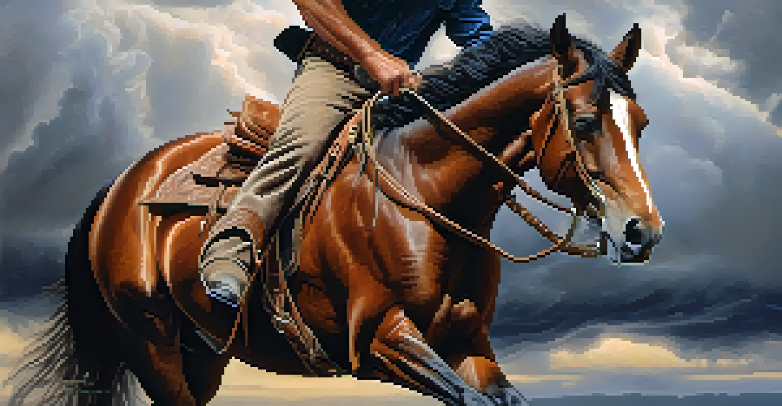 A close-up of a cowboy's hand holding reins, with stormy clouds in the background.