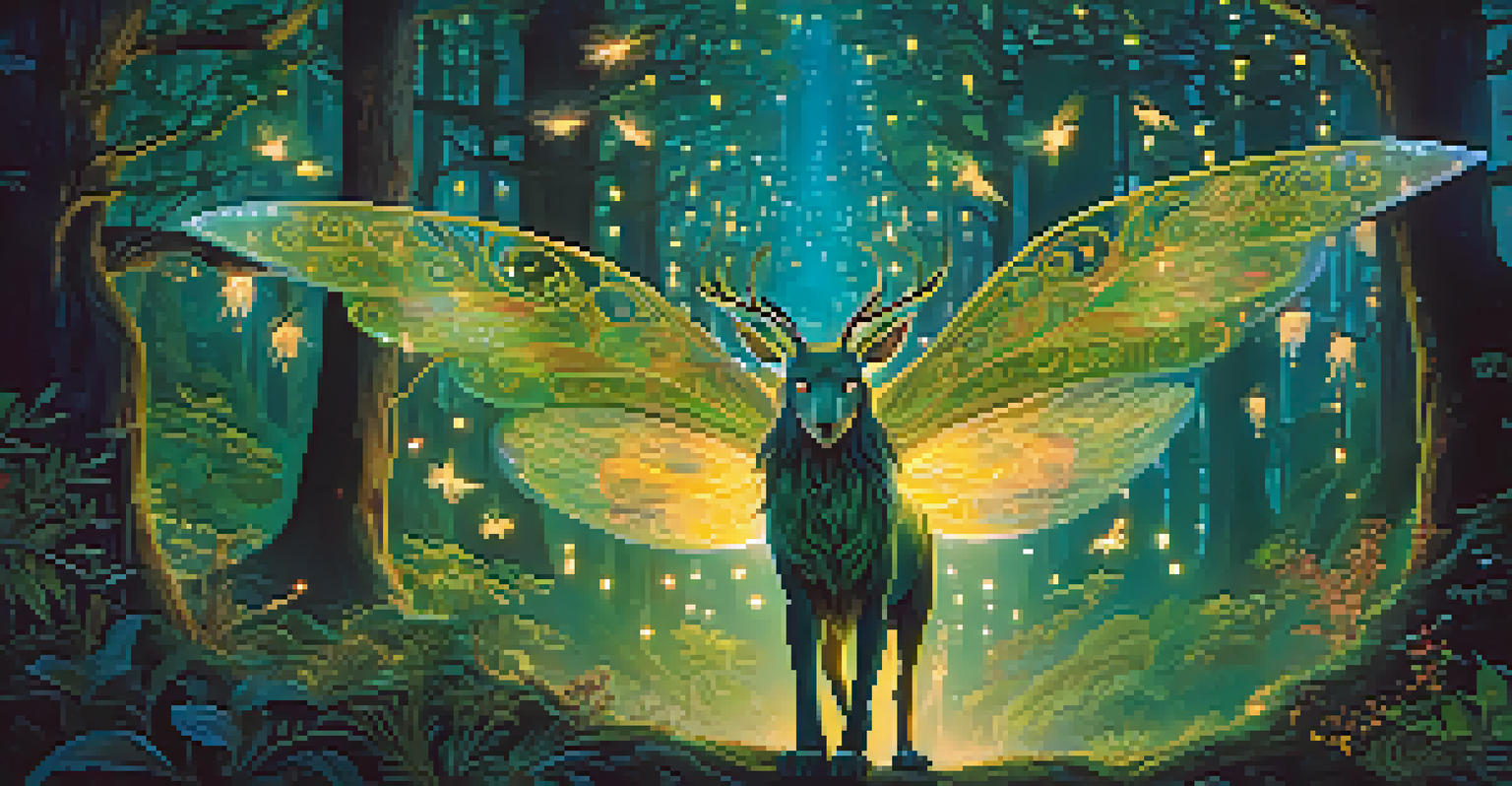 A mythical creature in a magical forest, surrounded by fireflies, showcasing intricate designs and cultural symbolism.