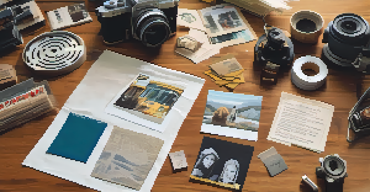 A flat lay of user-generated content for a film, including fan art, quotes, and a film reel on a textured wooden table.