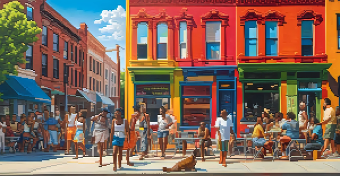 A lively street scene in Brooklyn with diverse people talking under a bright sun, colorful buildings, and street art.