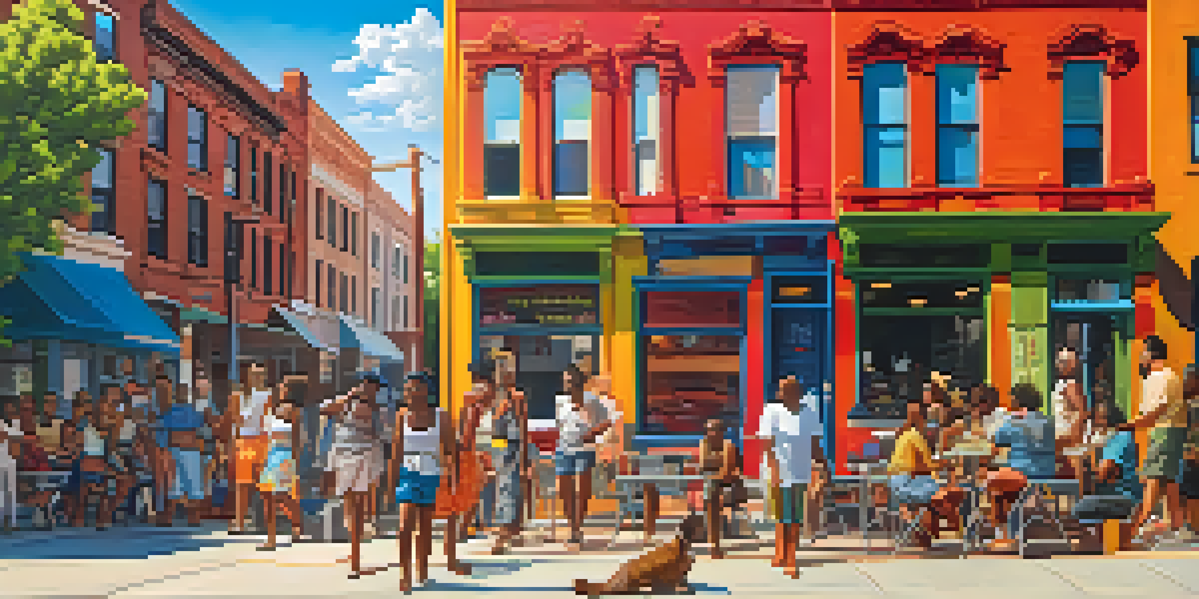 A lively street scene in Brooklyn with diverse people talking under a bright sun, colorful buildings, and street art.
