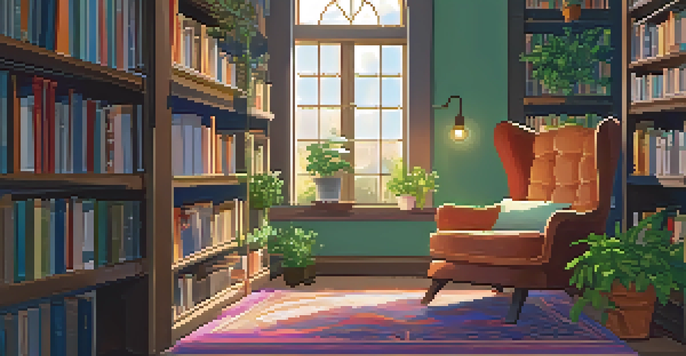 A bright and cozy reading nook with a comfortable armchair, bookshelves, and sunlight streaming through a window.