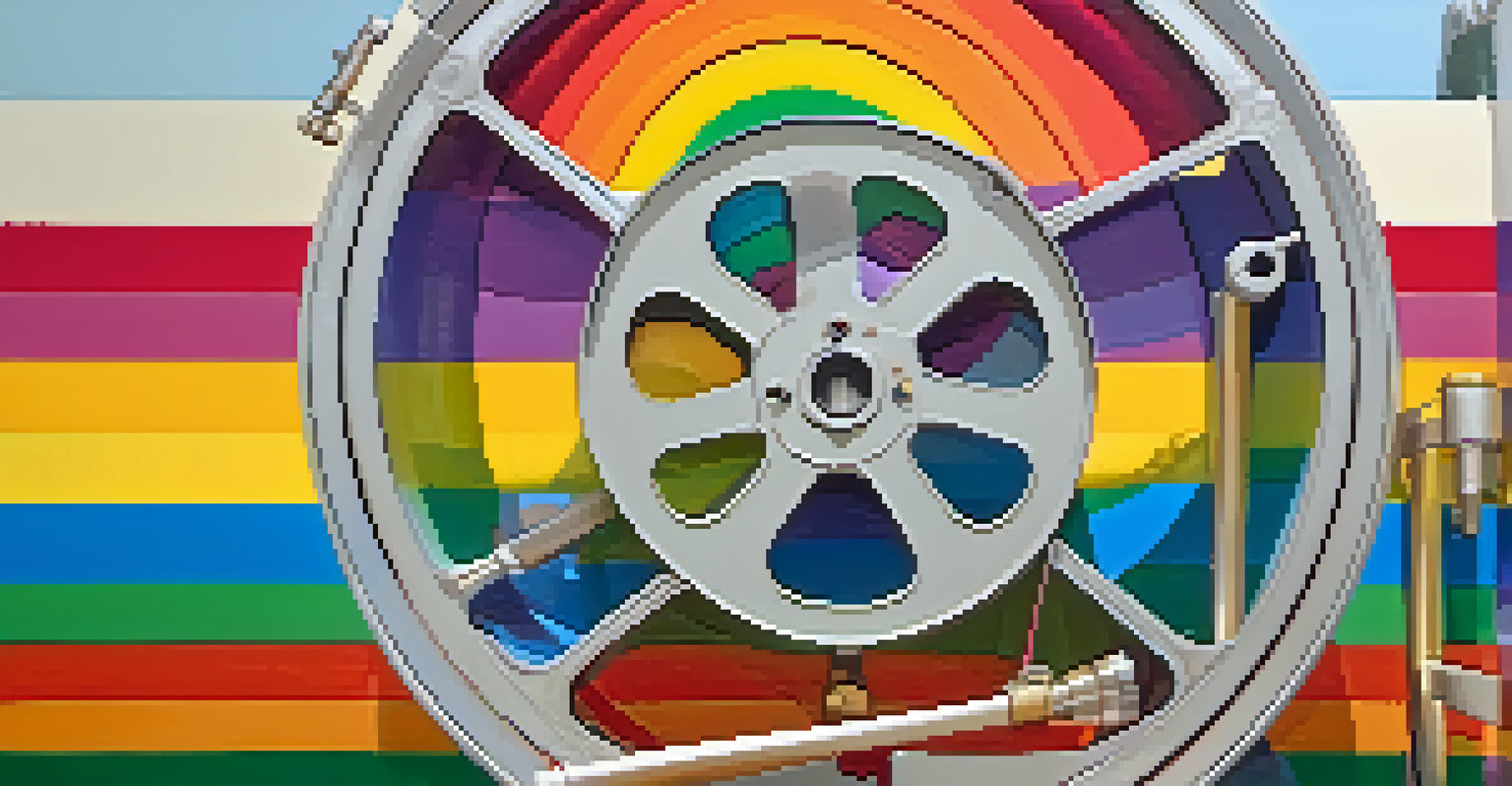 An artistic film reel against a rainbow flag backdrop, symbolizing queer cinema with flowers and stars.
