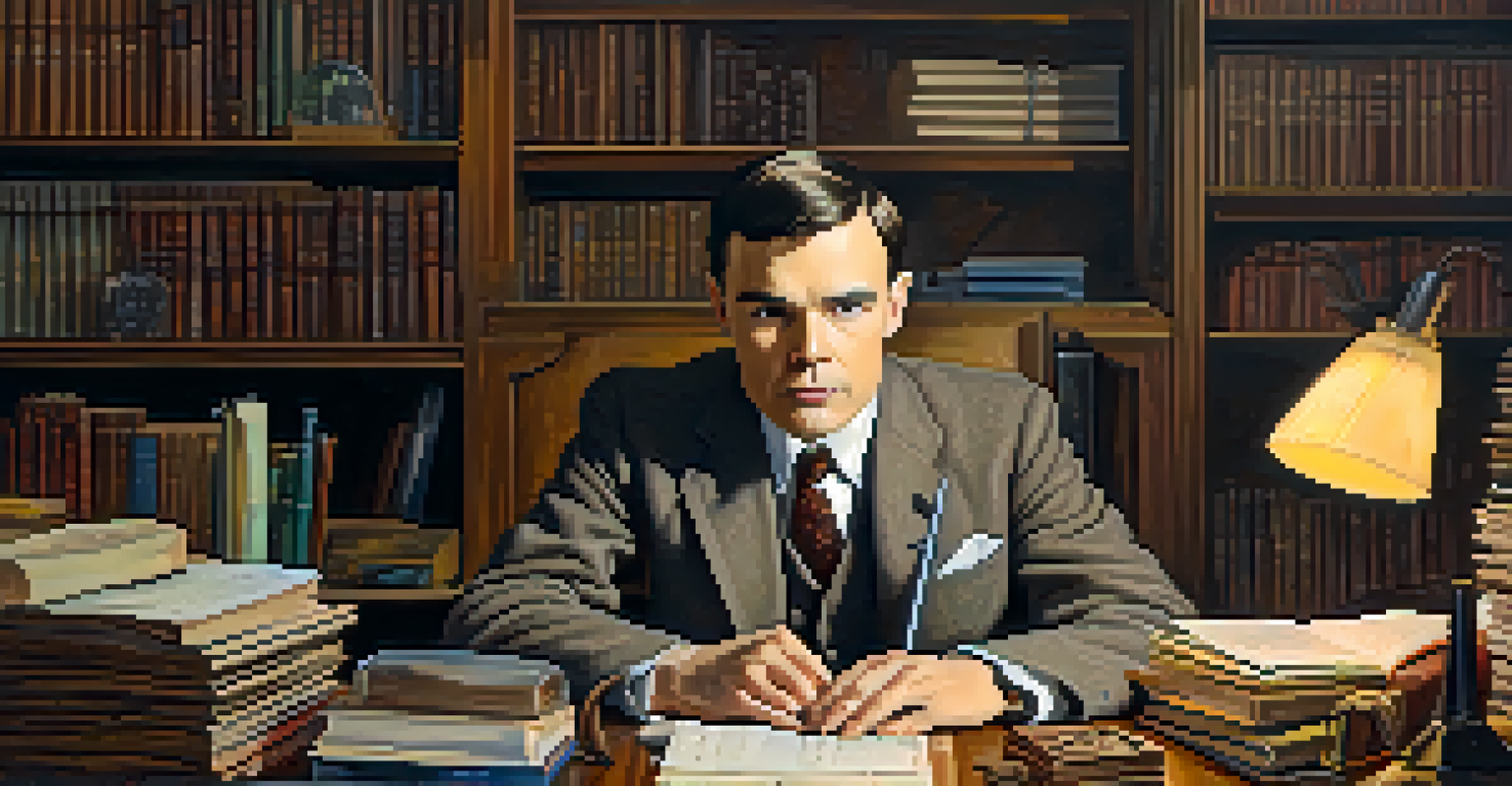 Alan Turing sitting at a desk with papers and a mechanical device, in a softly lit room filled with books on mathematics.
