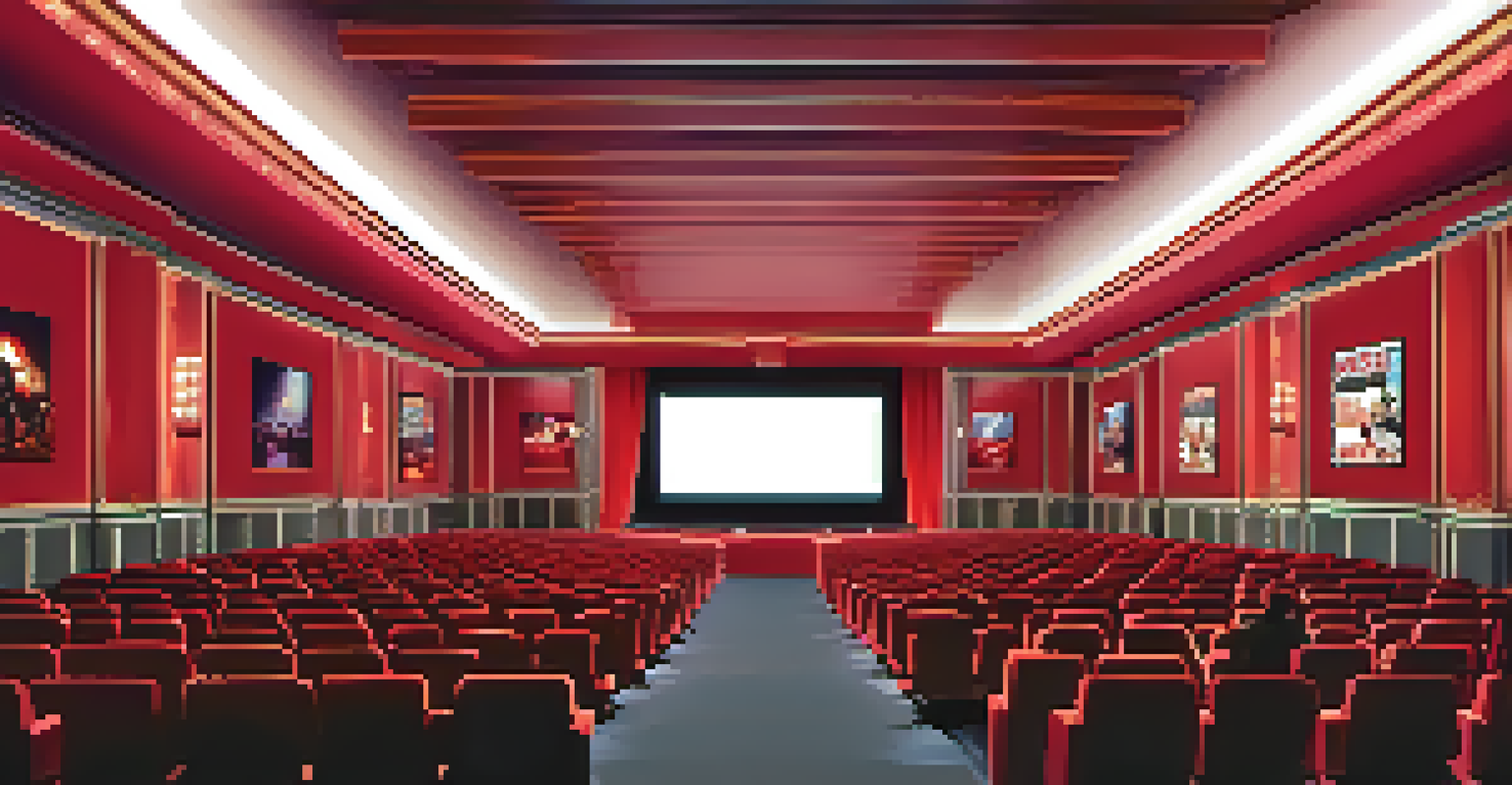 A modern cinema hall with red seats facing a large screen showing a vibrant film scene, dimly lit atmosphere.