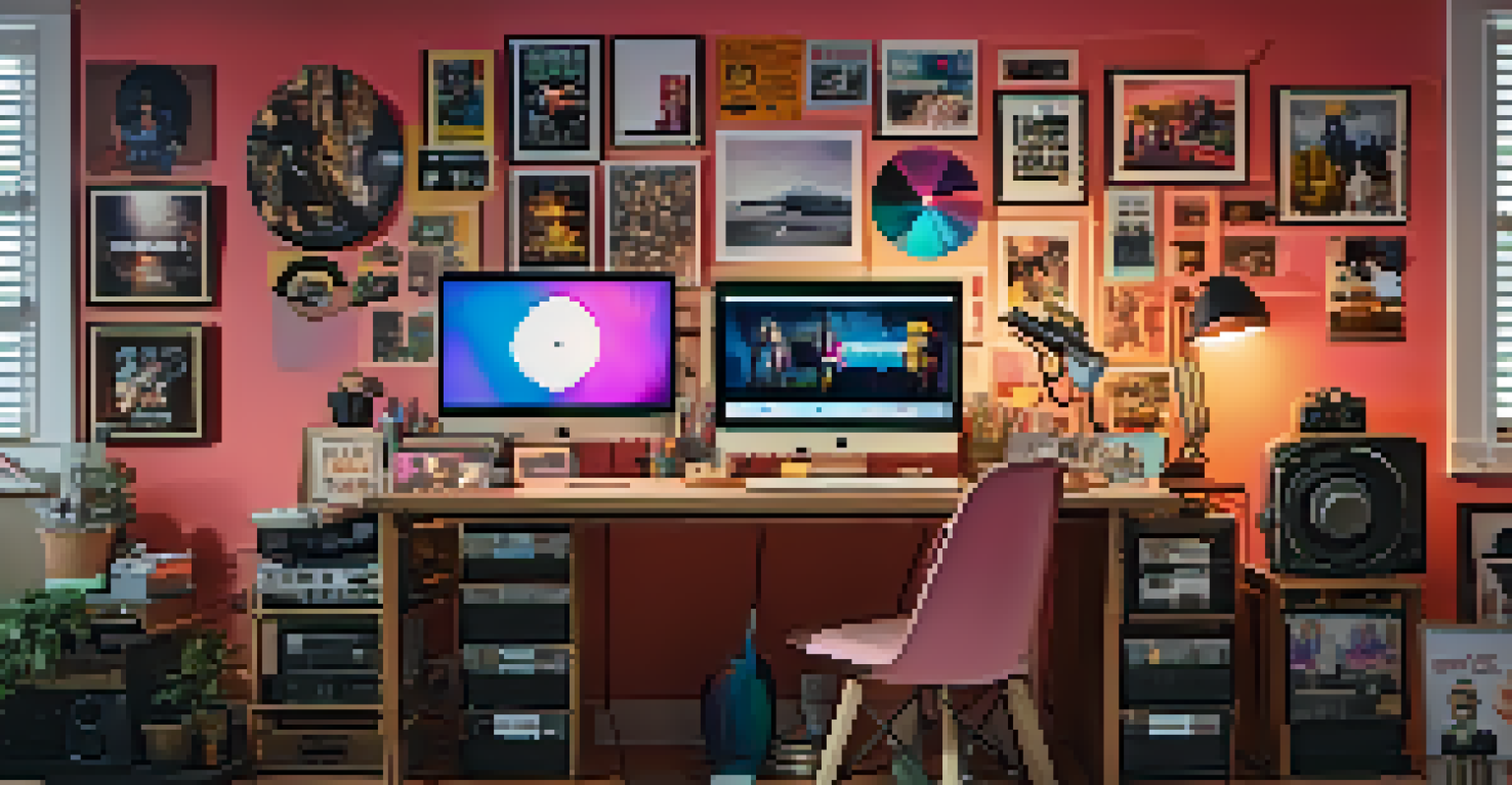 A stylish workspace of a film influencer with a laptop showing a film trailer, surrounded by film reels and colorful decorations.