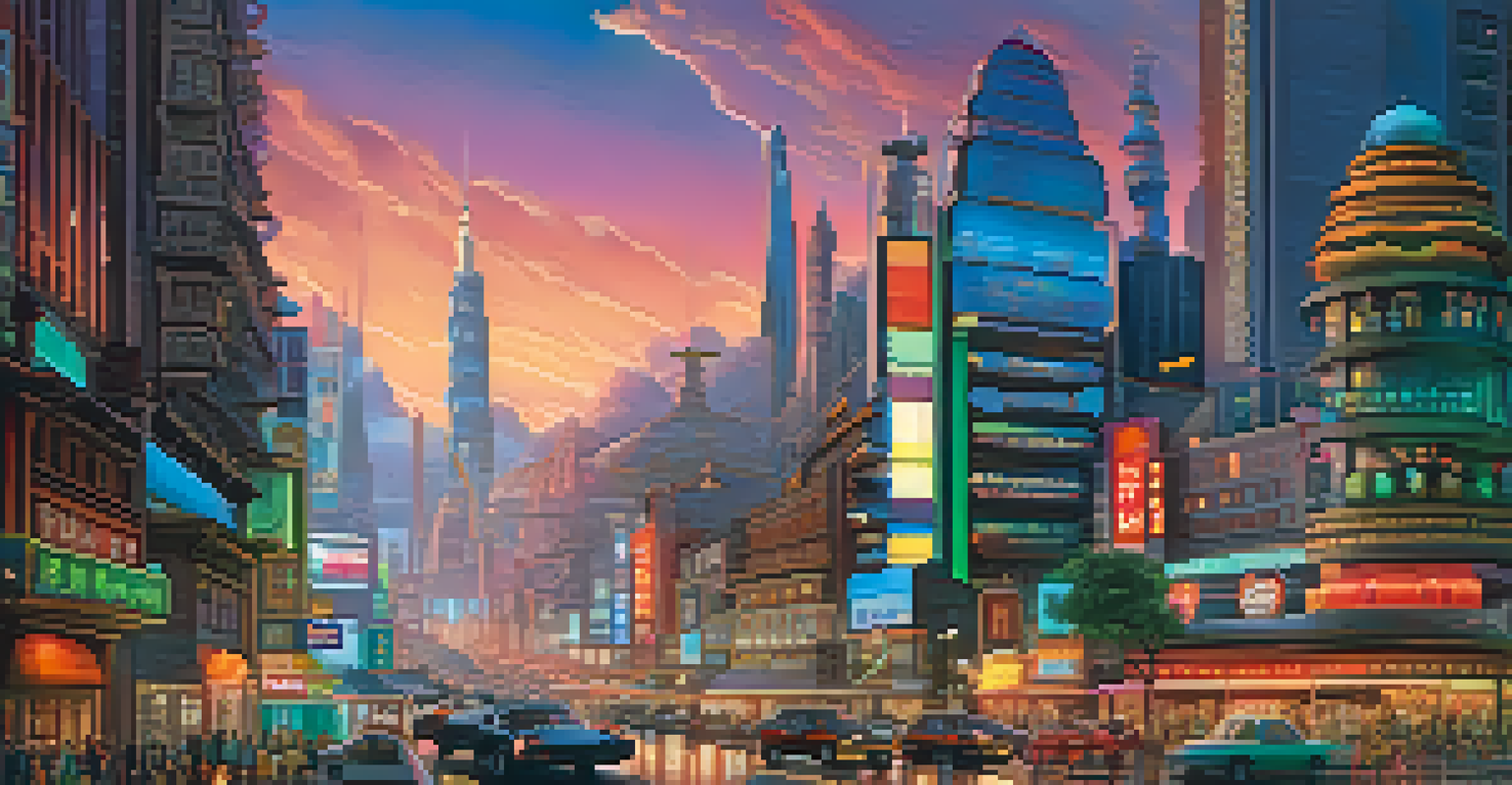 A futuristic cityscape with traditional and modern buildings, illuminated by neon lights, filled with animated characters from diverse cultures.