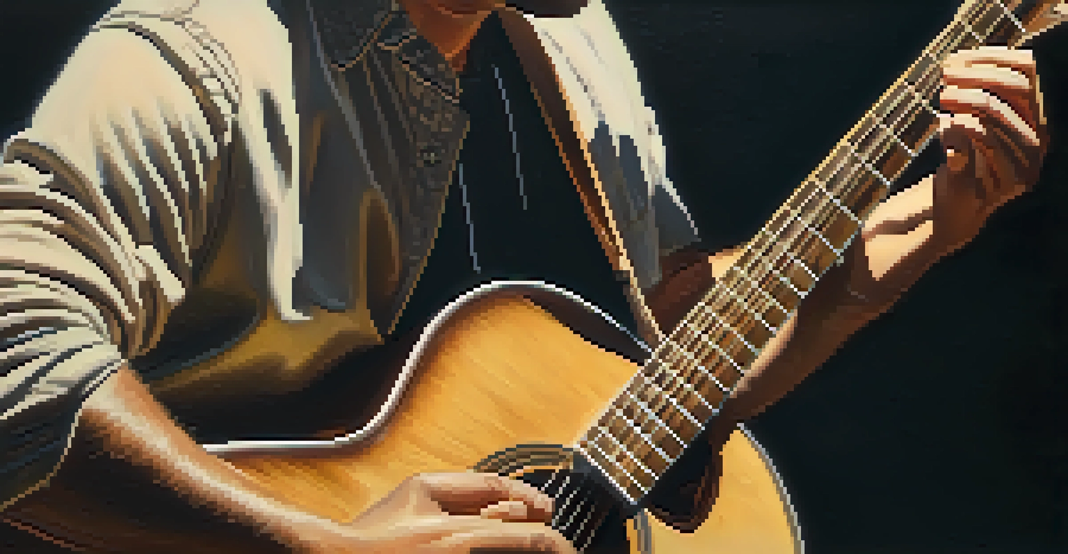 A close-up of a musician's hands playing an acoustic guitar, with warm lighting and a blurred background.