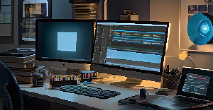 A film editing workspace with a computer, editing tools, and a soft blue light.