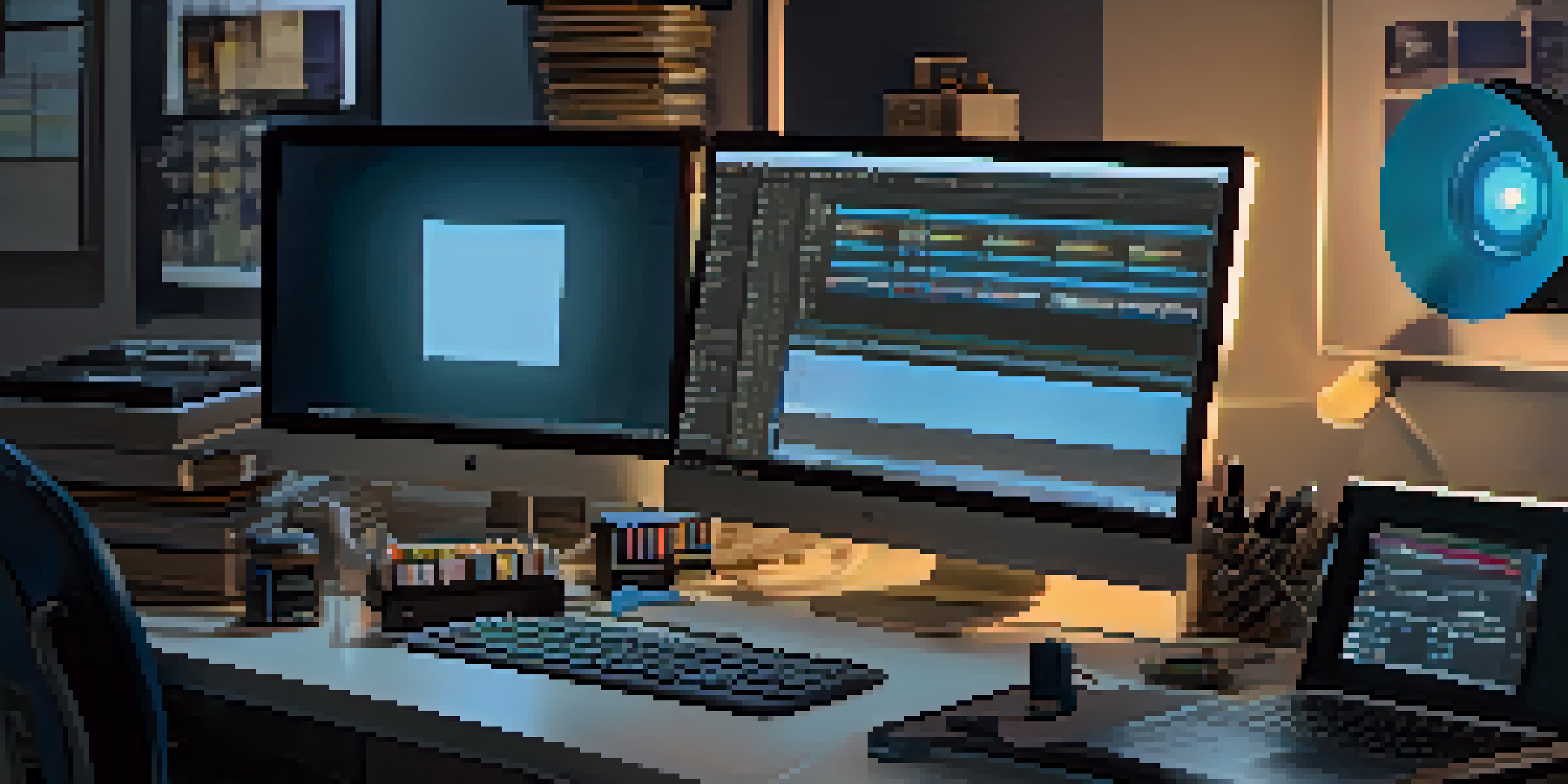 A film editing workspace with a computer, editing tools, and a soft blue light.