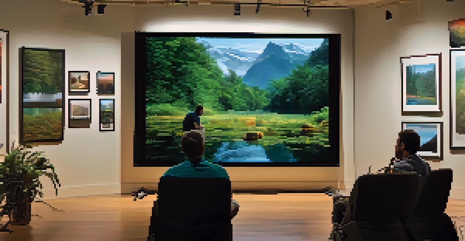 A filmmaker reviewing vivid documentary footage on a large screen in a dimly lit room.