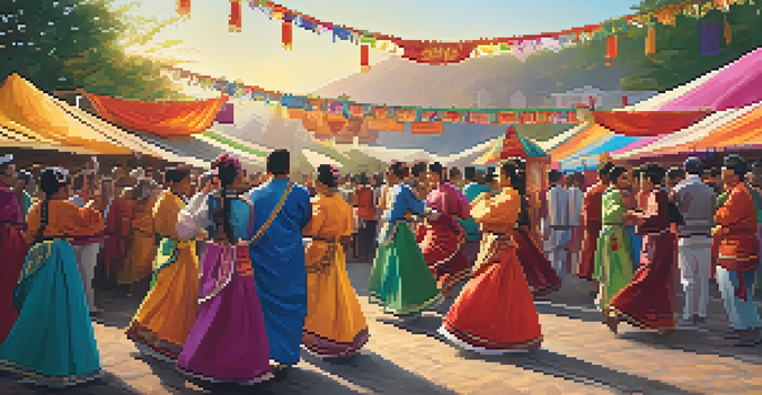 A lively cultural festival with people in traditional clothing dancing and enjoying music under colorful decorations.