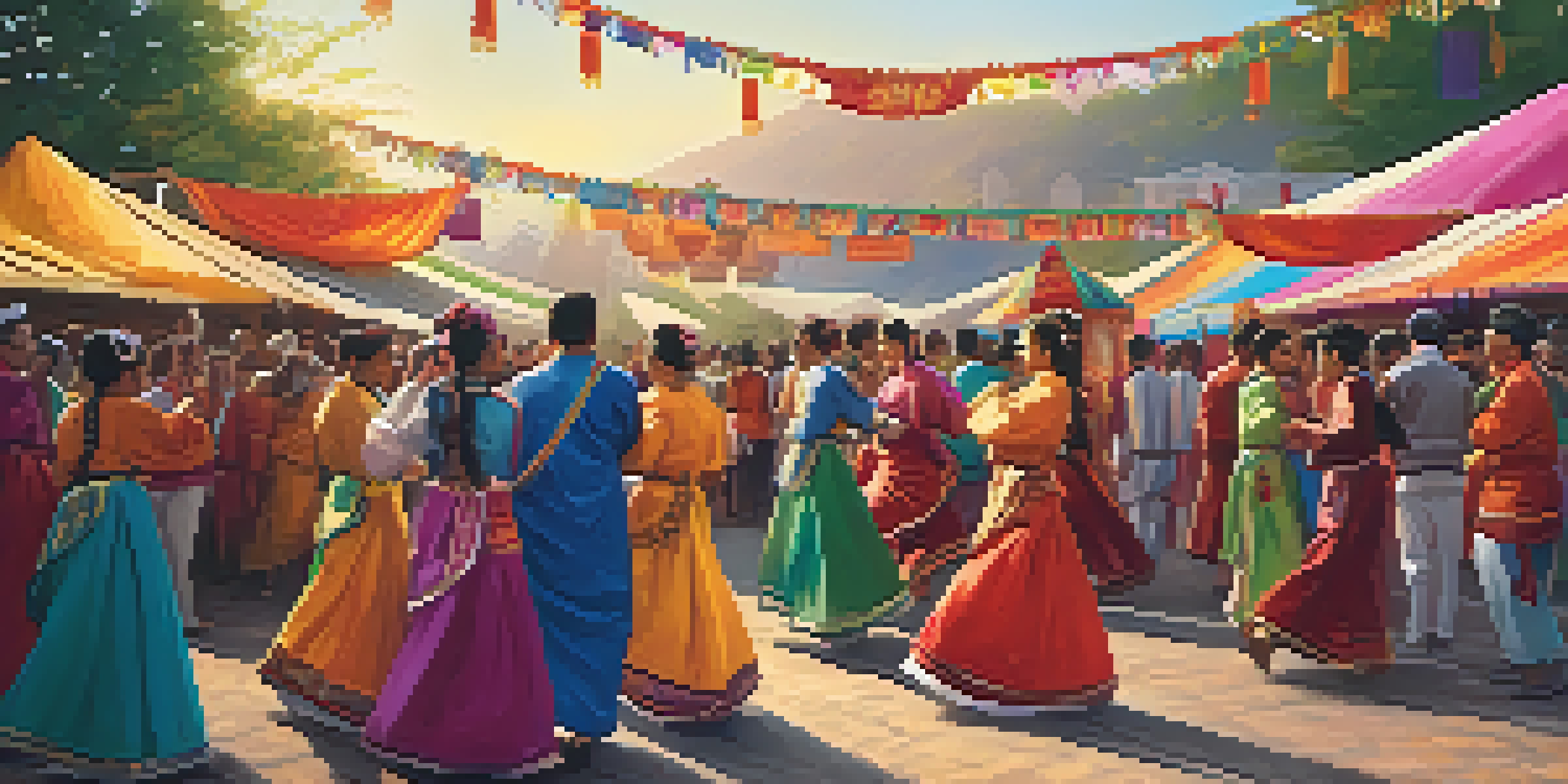 A lively cultural festival with people in traditional clothing dancing and enjoying music under colorful decorations.