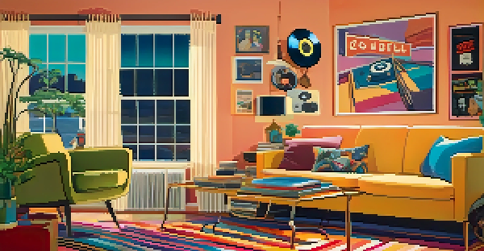 A retro-themed cozy living room with a record player, vinyl records, and warm lighting, featuring a patterned couch and pop culture posters on the walls.