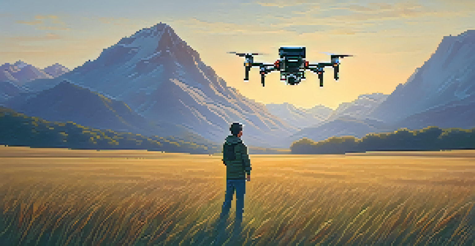 A filmmaker operating a drone in an open field, with mountains in the background and golden light illuminating the scene.