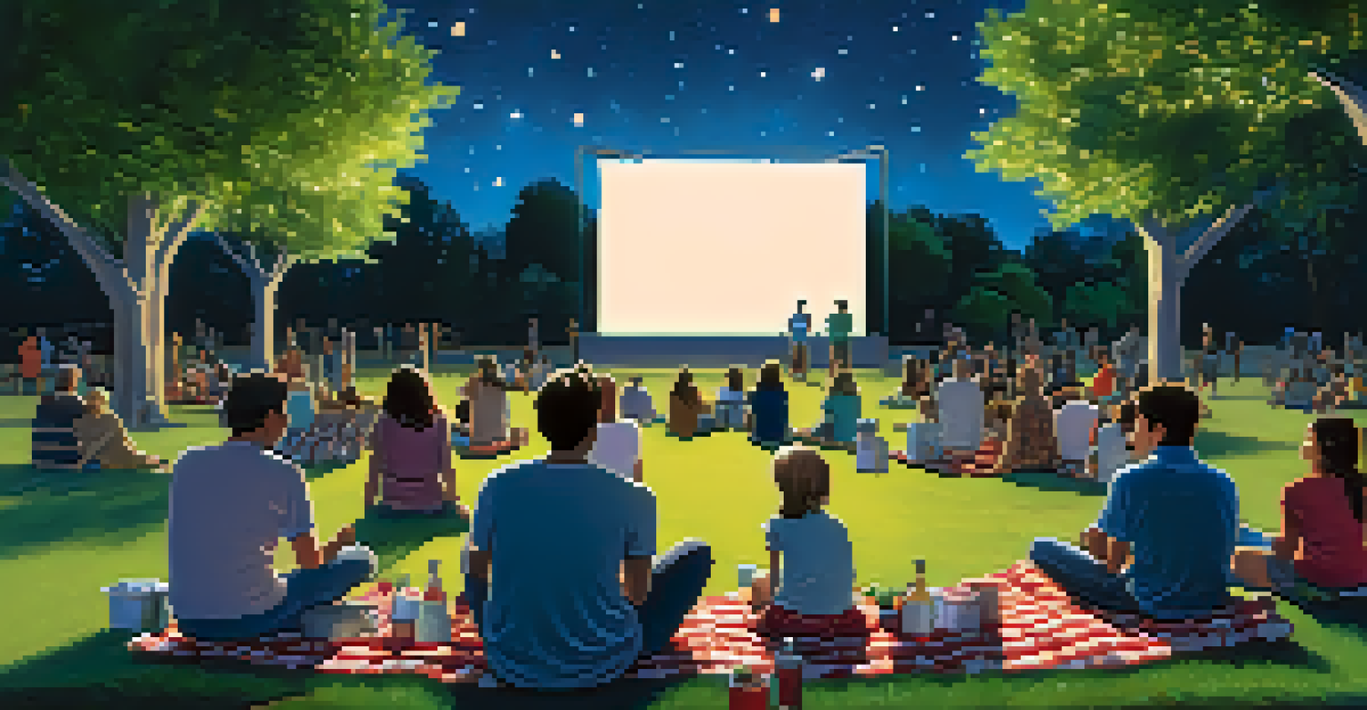 An outdoor movie night in a park with people sitting on blankets, watching a film on a large screen illuminated by fairy lights.