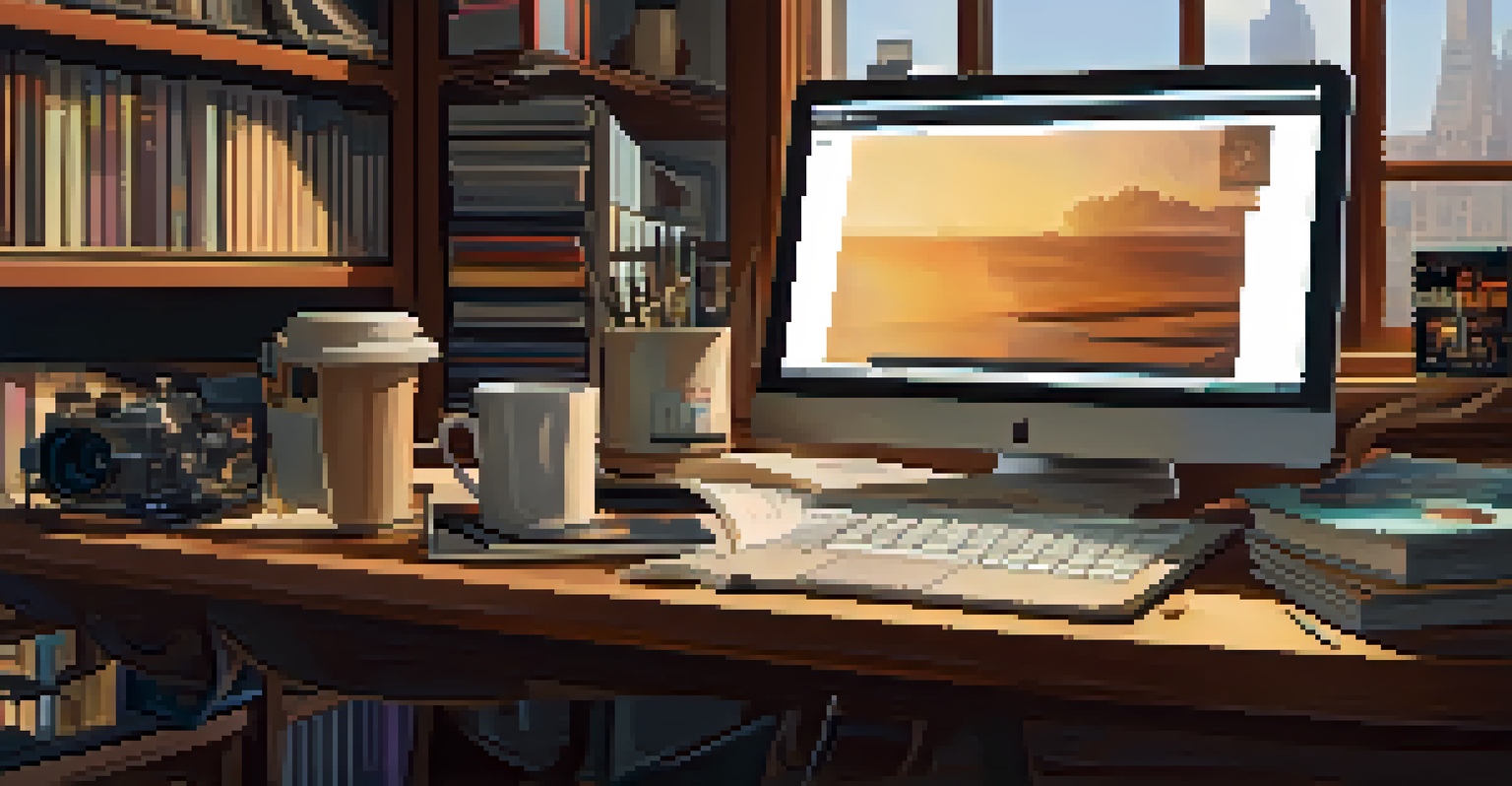 A film critic's desk with a laptop, scattered notes, and a steaming cup of coffee, surrounded by a bookshelf filled with film books.