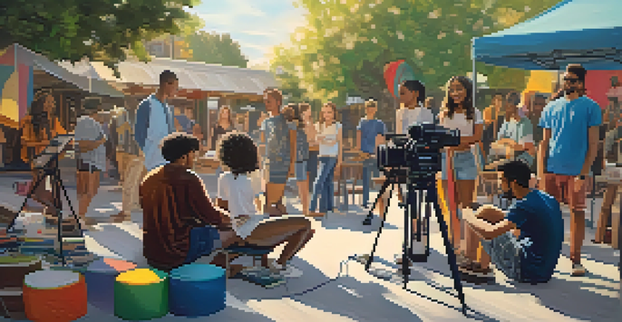 A lively film set with young filmmakers of different backgrounds working together, surrounded by colorful filming equipment and laptops.