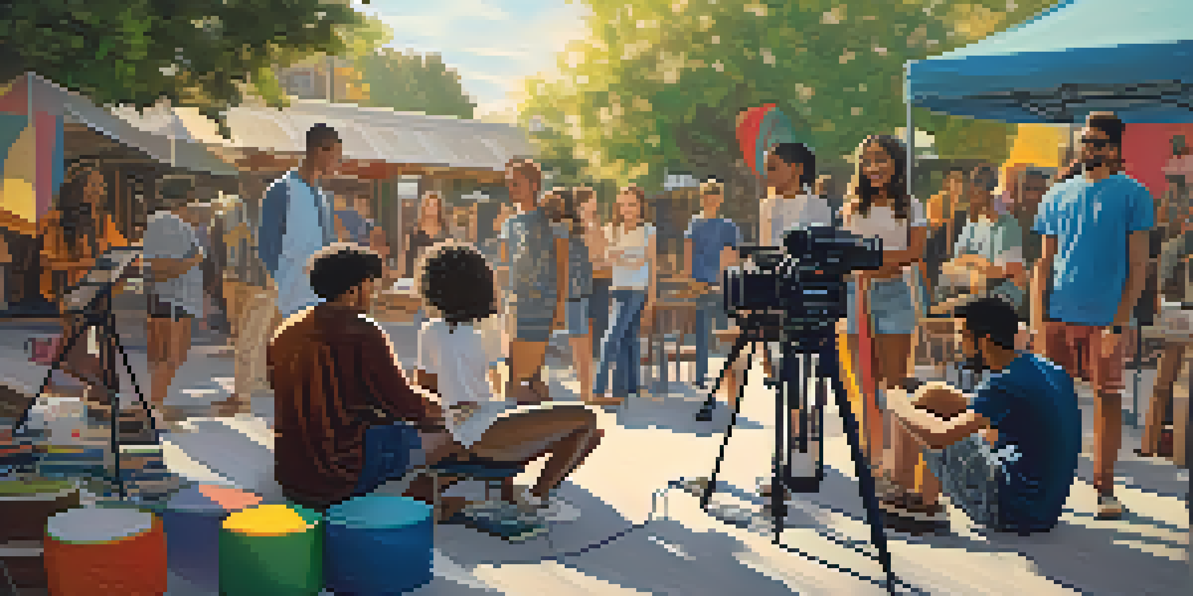 A lively film set with young filmmakers of different backgrounds working together, surrounded by colorful filming equipment and laptops.