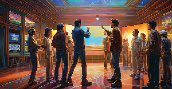 A film director at the center of a busy set, surrounded by a diverse crew engaged in creative tasks, with warm lighting and vibrant colors creating an atmosphere of collaboration.