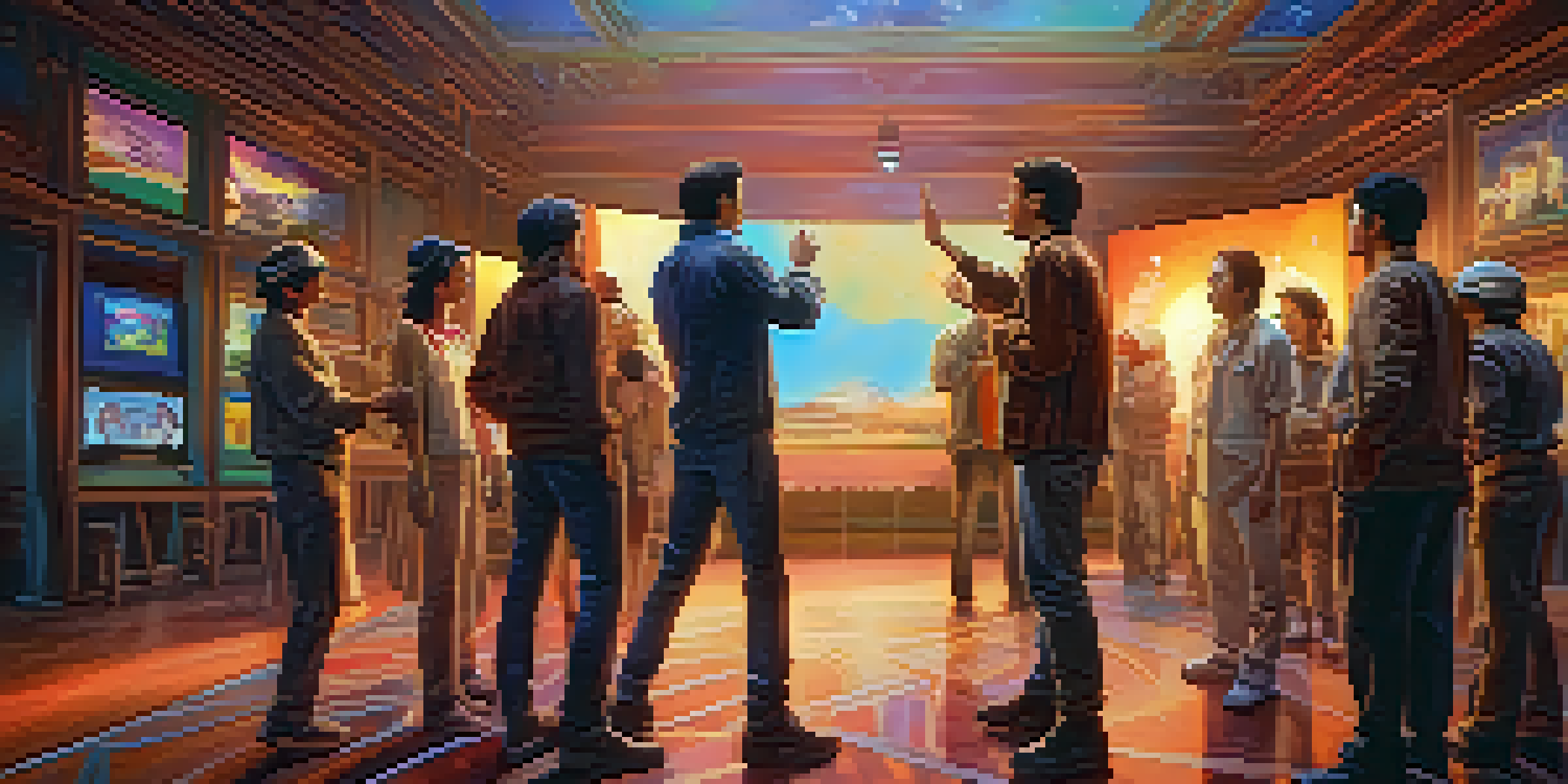 A film director at the center of a busy set, surrounded by a diverse crew engaged in creative tasks, with warm lighting and vibrant colors creating an atmosphere of collaboration.