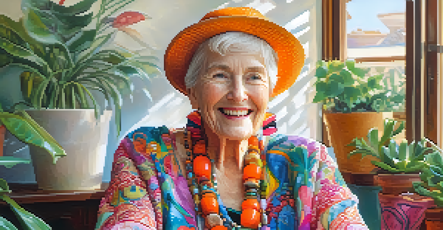 An elderly woman smiling, showcasing her colorful fashion and accessories in a cozy room filled with plants.