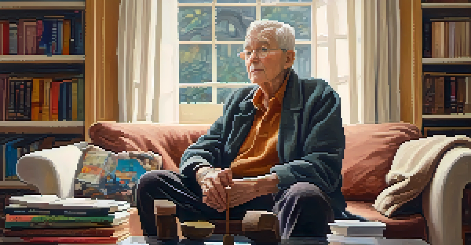 An elderly activist in a cozy living room, surrounded by books and photographs, with a warm ambiance reflecting wisdom and experience.