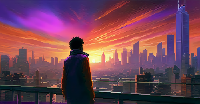 A person standing on a rooftop at sunset, overlooking a city skyline with vibrant colors in the sky.
