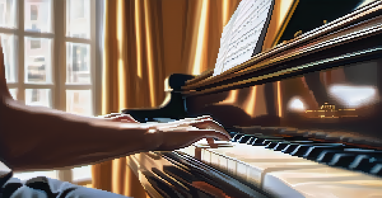 A close-up of a musician's hands playing a grand piano, with sheet music in the background and warm light illuminating the scene.