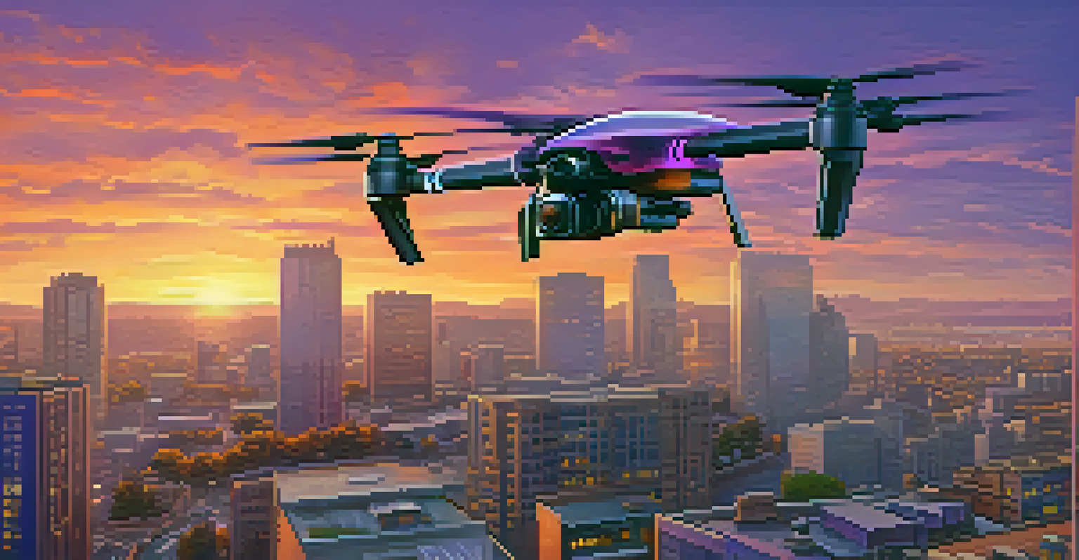 A drone flying over a vibrant urban landscape at sunset, capturing the beauty of modern cinematography.