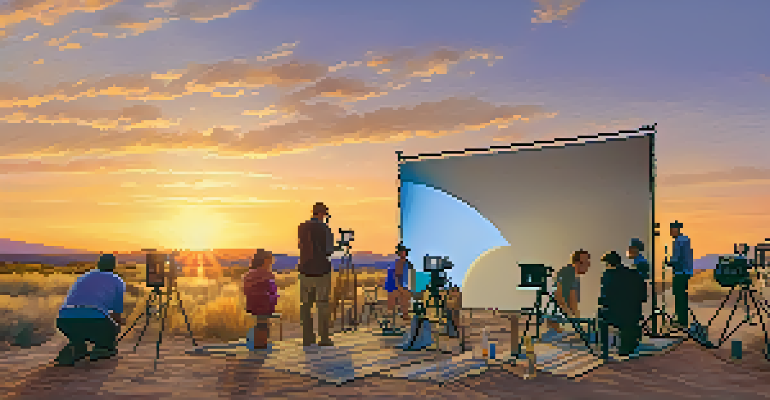 A film crew preparing for a shoot outdoors during sunset, with colorful equipment and a scenic backdrop.
