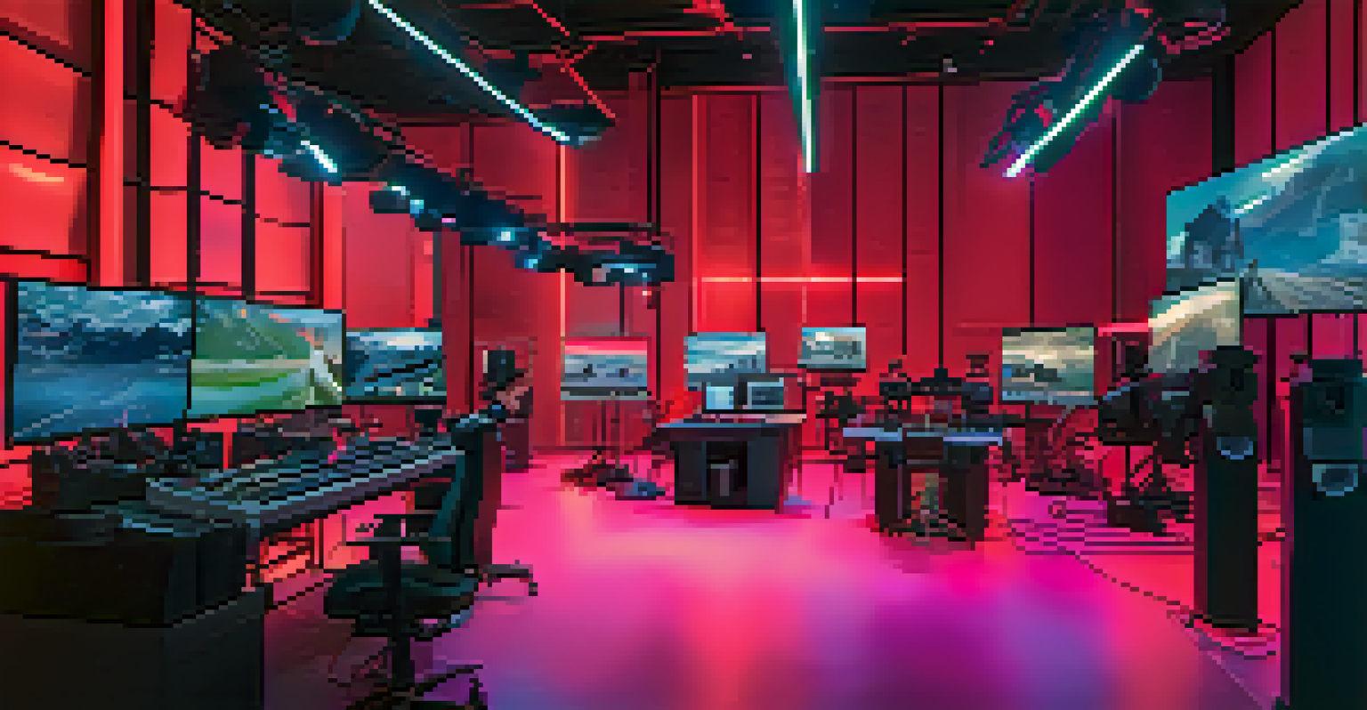 A modern film studio dedicated to virtual reality production, featuring advanced equipment and professionals collaborating on storytelling.