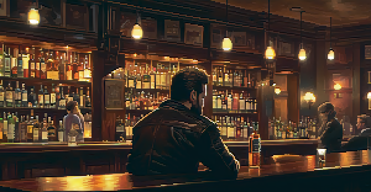 An antihero sits alone at a bar with a glass of whiskey, illuminated by soft lighting in a cozy yet lonely atmosphere.