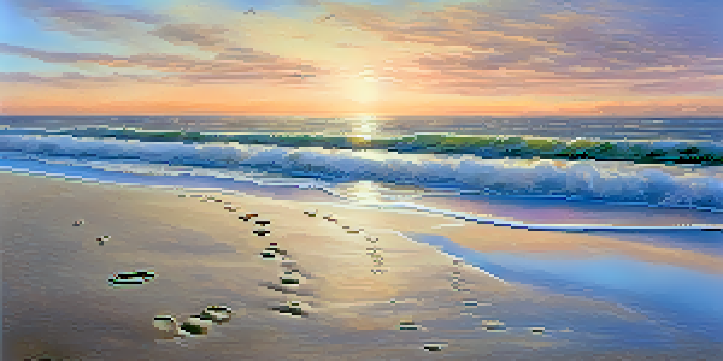 A tranquil beach at sunset with gentle waves and footprints in the sand.