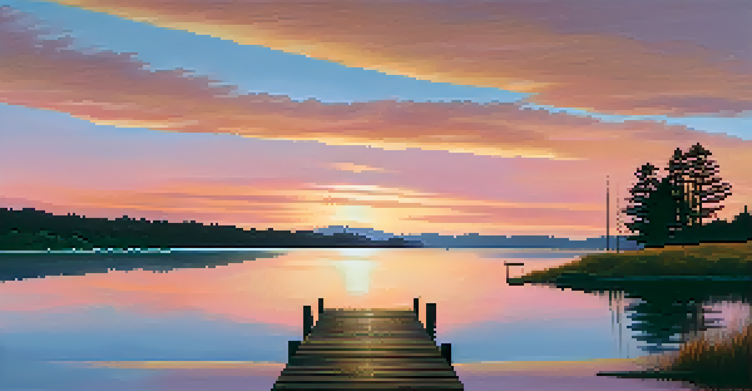 A serene landscape at sunset with rolling hills, a calm lake, and silhouettes of trees, reflecting orange and pink hues in the sky.