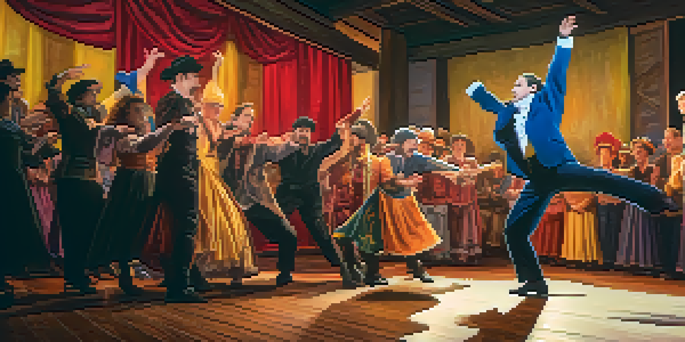 A lively theater stage with actors performing improvisation, surrounded by warm lighting and colorful costumes.