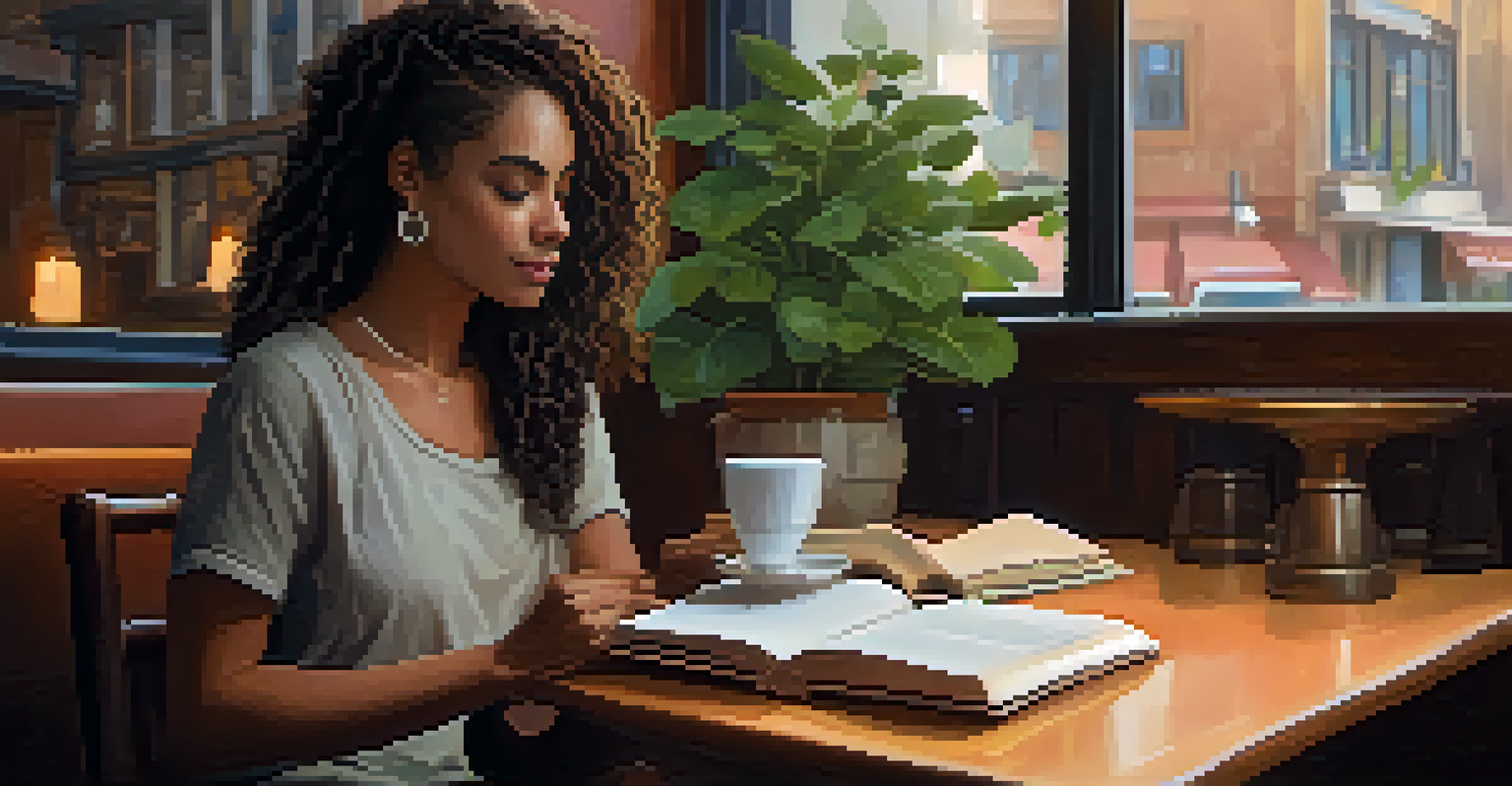A thoughtful trans person reading in a cozy café, surrounded by warm lighting and plants, with a cup of coffee on the table.