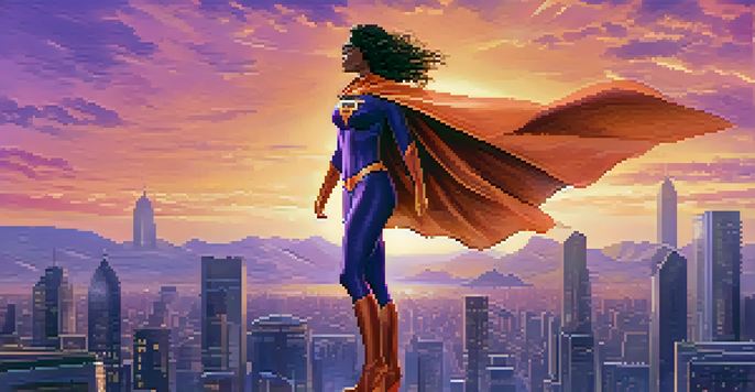 A confident female superhero on a city skyline at sunset, showcasing her powerful presence with a colorful sky in the background.