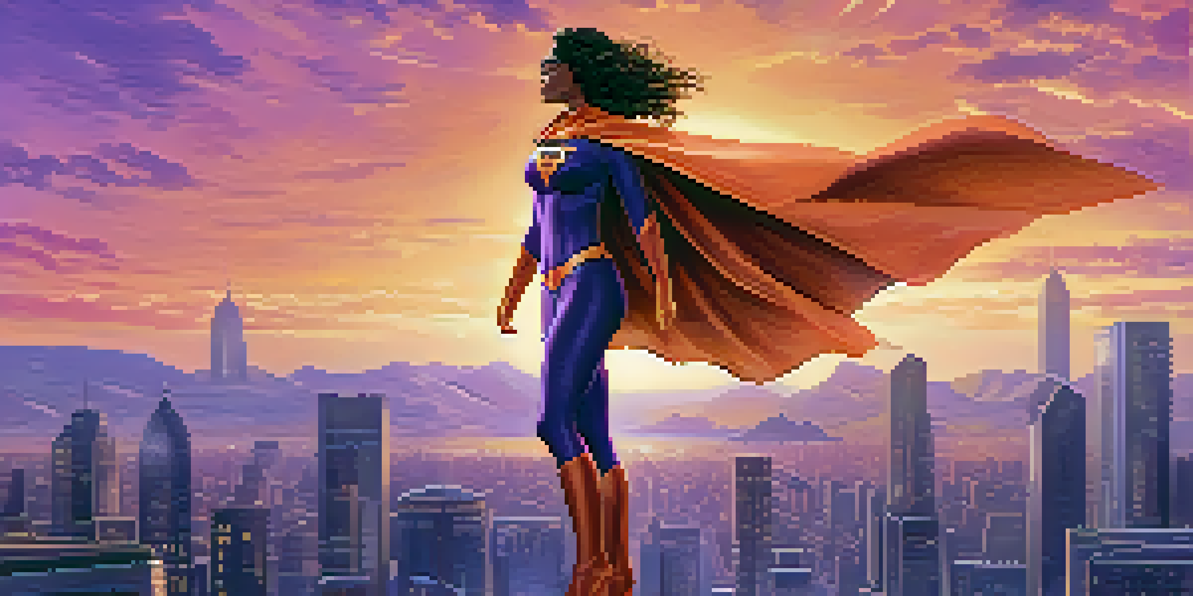 A confident female superhero on a city skyline at sunset, showcasing her powerful presence with a colorful sky in the background.