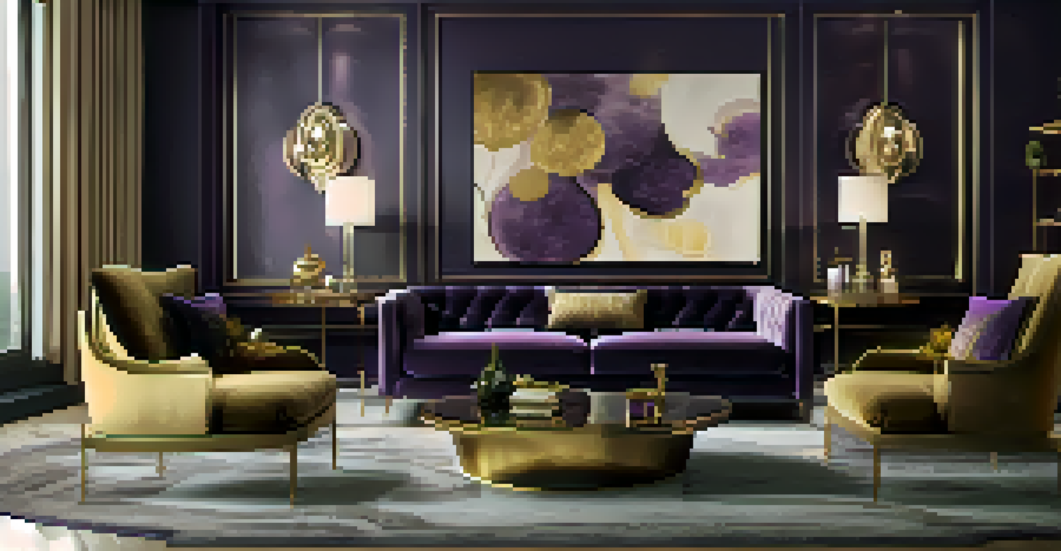 A luxurious living room with purple and gold decor, featuring a stylish sofa and soft lighting that enhances the rich textures.