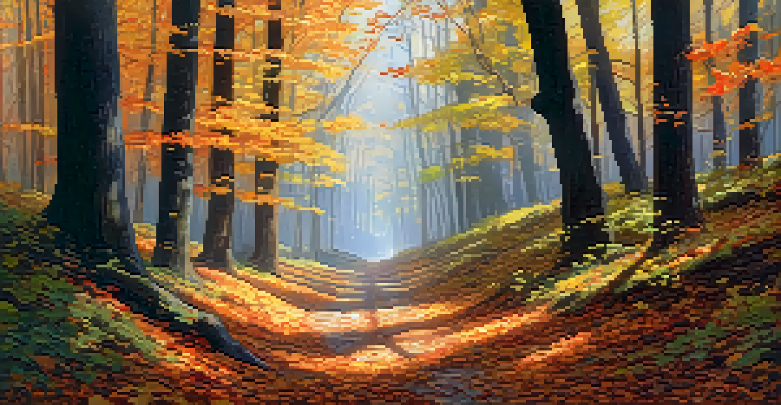 A vibrant autumn forest with colorful leaves, dappled sunlight, and a winding path.
