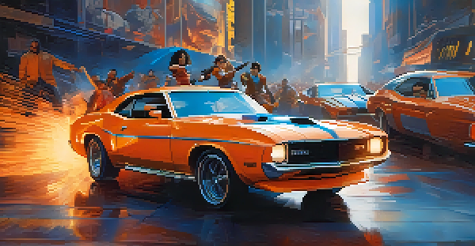 A group of diverse characters in an action-packed movie trailer scene, displaying expressions of determination against a dramatic orange and blue background.