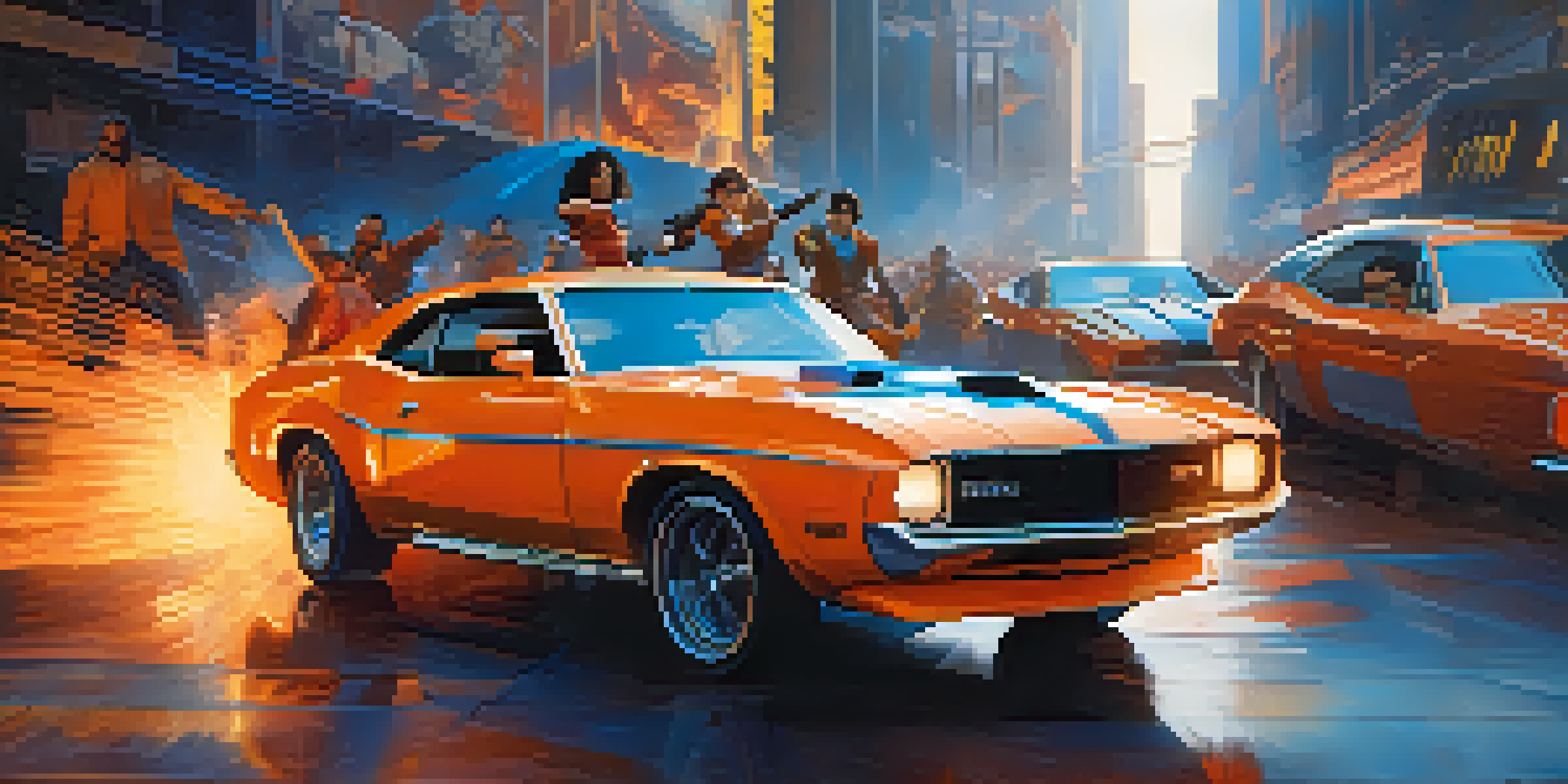 A group of diverse characters in an action-packed movie trailer scene, displaying expressions of determination against a dramatic orange and blue background.