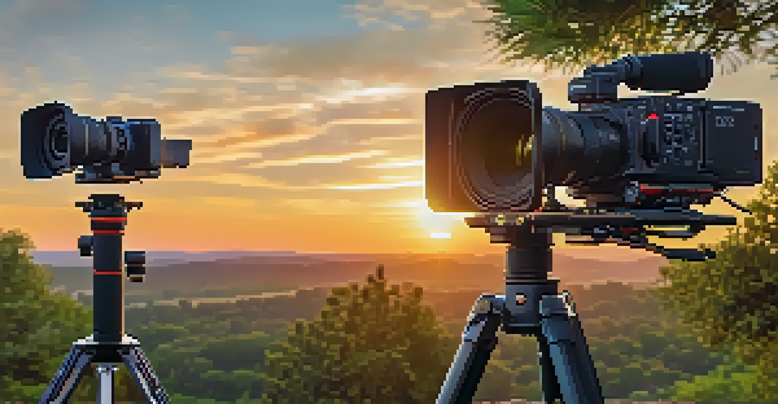 A modern digital cinematography setup with a high-definition camera on a gimbal against a colorful sunset backdrop, showcasing technological evolution in filmmaking.