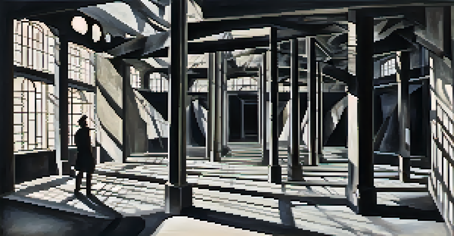 A dramatic film set with angular architecture and distorted perspectives, highlighting a figure in emotional turmoil.