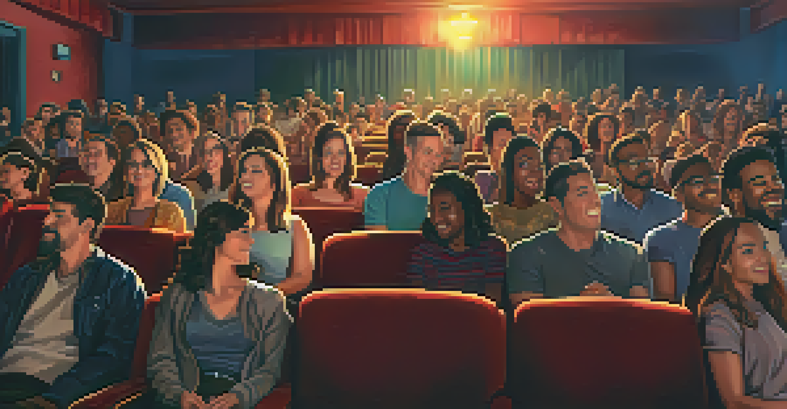 An engaged and diverse audience watching a film at a screening, illuminated by the screen's glow.