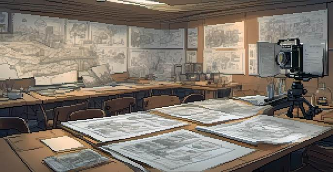 A storyboard laid out on a table with sketches of film scenes and film equipment in the background.