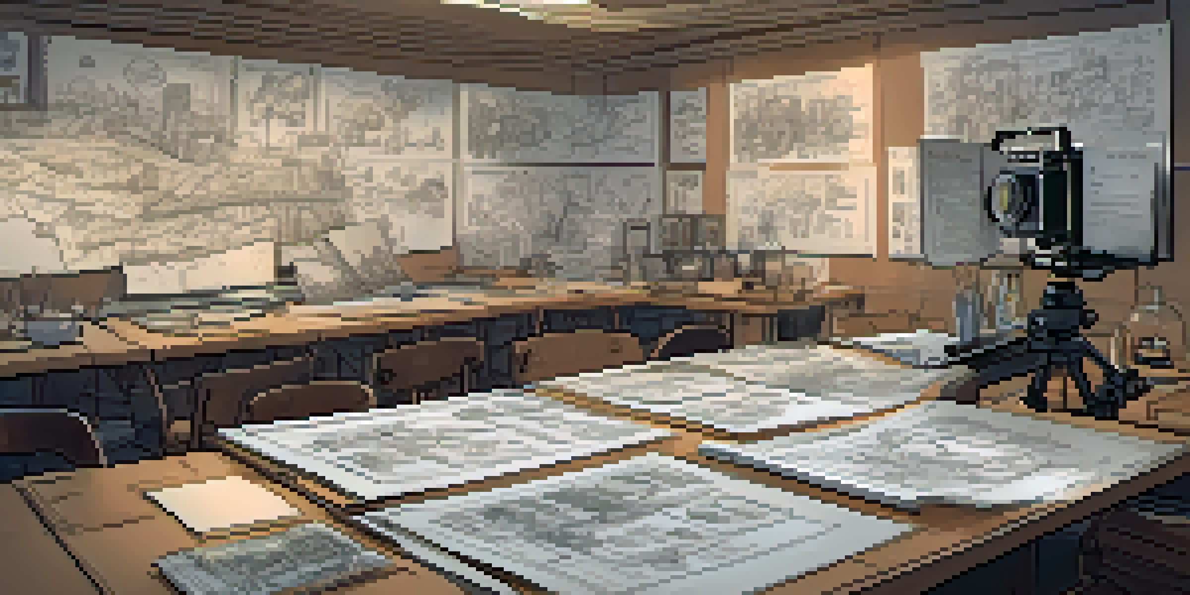 A storyboard laid out on a table with sketches of film scenes and film equipment in the background.