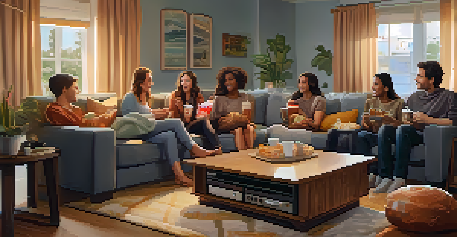 A group of friends in a cozy living room, watching a movie on television with snacks on the table and joyful expressions.